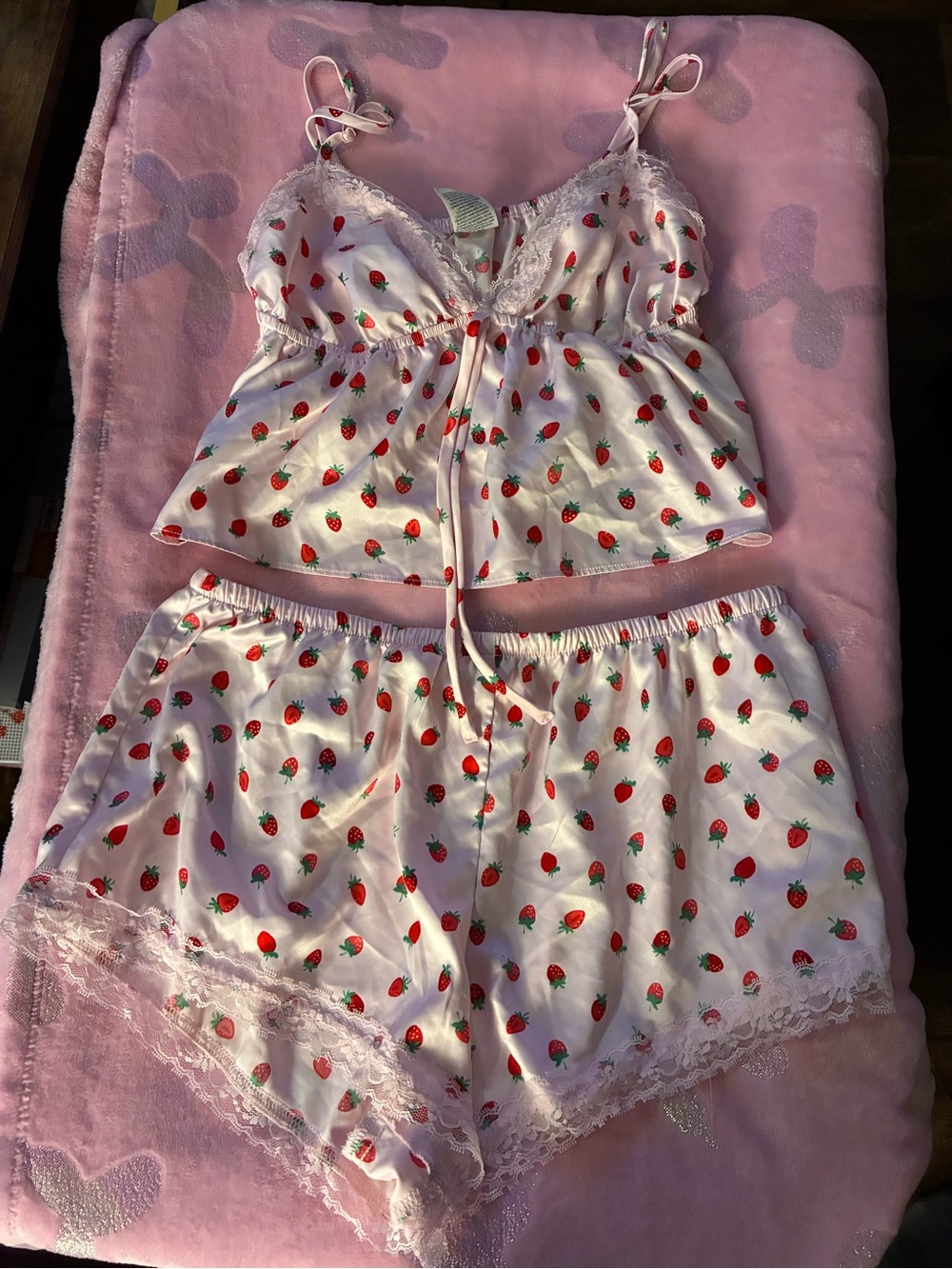 No Boundaries White Satin Strawberry Print Lace Trim Pajama Set
